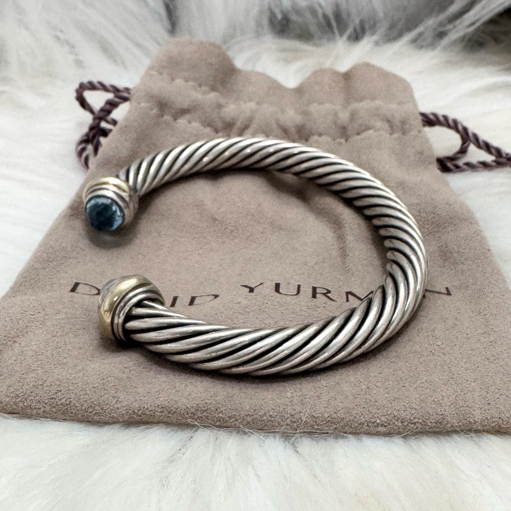 David Yurman 7mm Blue Topaz Cable Classic Cuff Bracelet .925/14K Gold - Picture 5 of 10